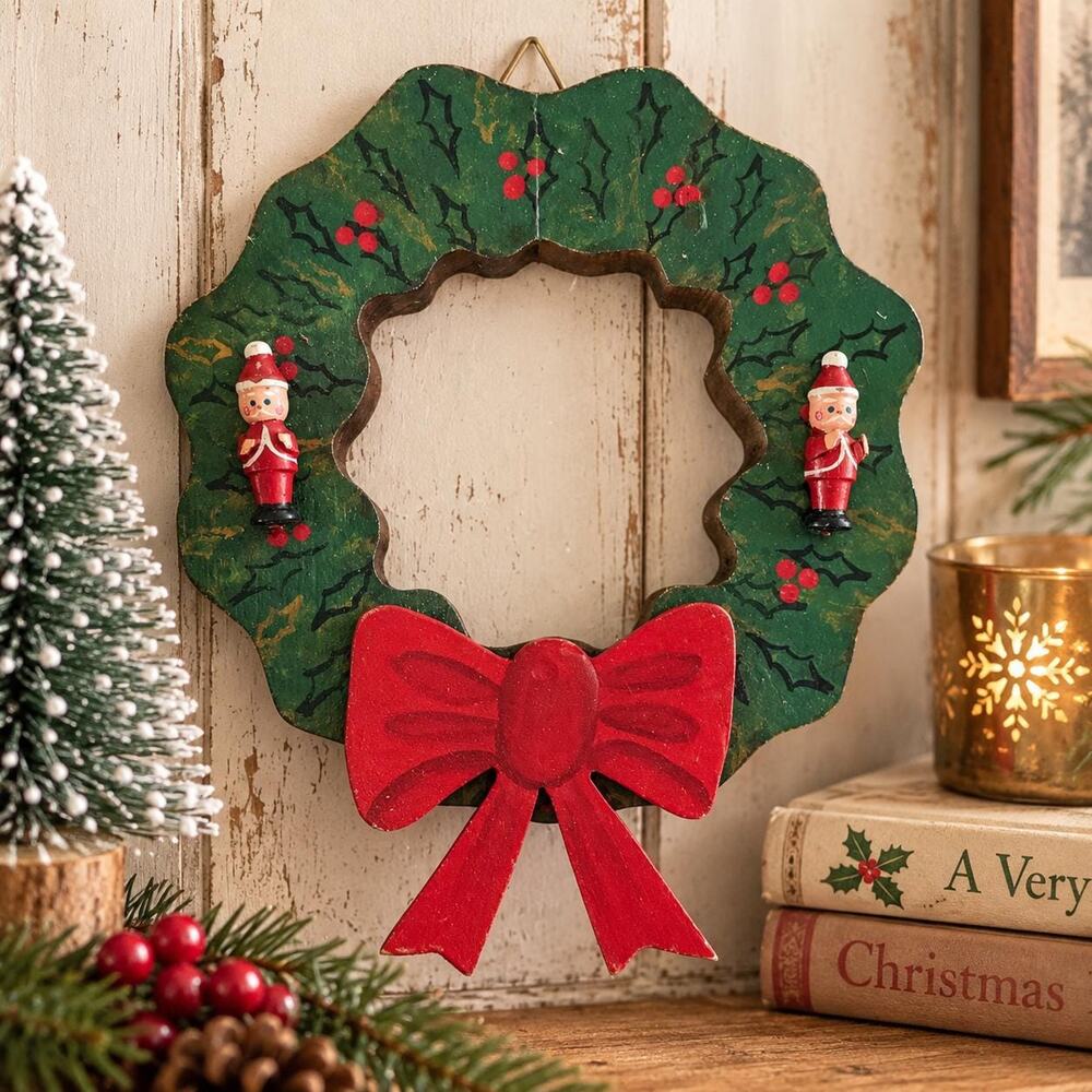 Vintage Wooden Christmas Wreath Santa Red Bow Hand Painted Folk Art Wall Decor
